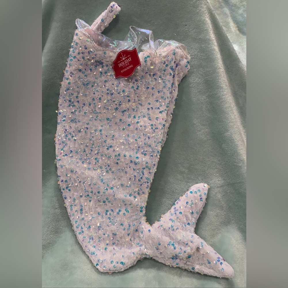 NWT Holiday Time White SEQUINED MERMAID TAIL STOCKING Christmas 16" Tall w Loop